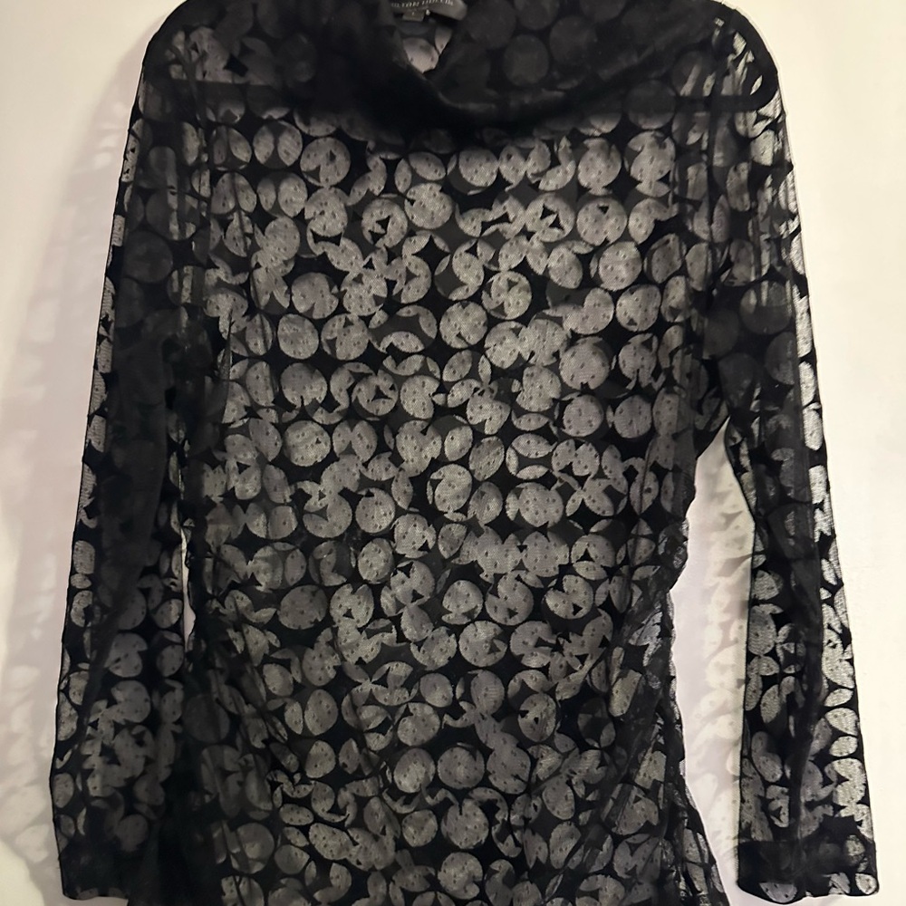 Hilton Hollis Sheer Black Mesh Top Polka Dot Long Sleeve Size L